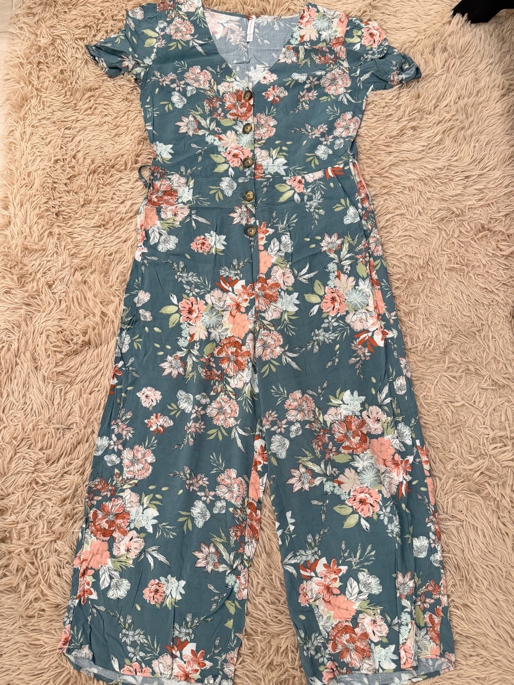 Xhilaration Teal Floral Button-Front Wide-Leg Jumpsuit